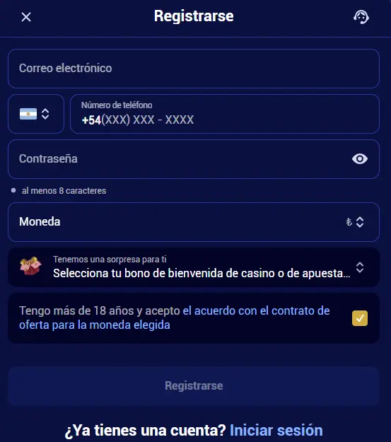 Registro rápido en Spinay Casino